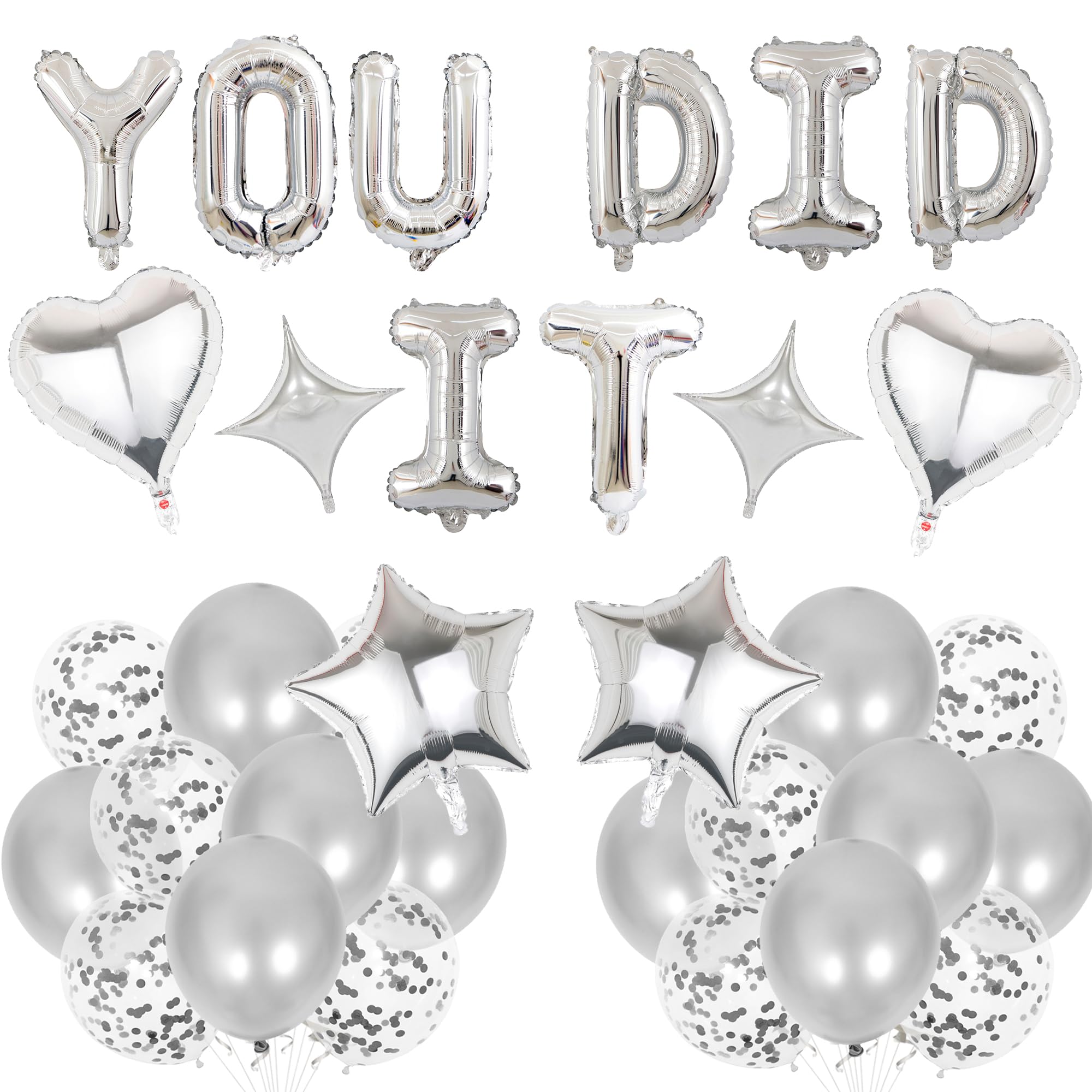 Graduation Decorations Congratulations Party Banner - You Did It Banners Silver Well Done Decoration, Star Heart Foil Latex Balloon for Retirement Anniversary Wedding Party Supplies