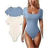OQQ Women's 2 Piece Bodysuits Sexy Ribbed One Piece Square Neck Short Sleeve Bodysuits