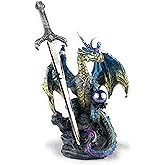 Ain’t It Nice Dragon Statue with Medieval Dragon Sword and Crystal Ball Collectible Dragon Figurine Fantasy Medieval Dragon Décor, Blue & Gold Colored 4(L) 2(W) 7(H) inches