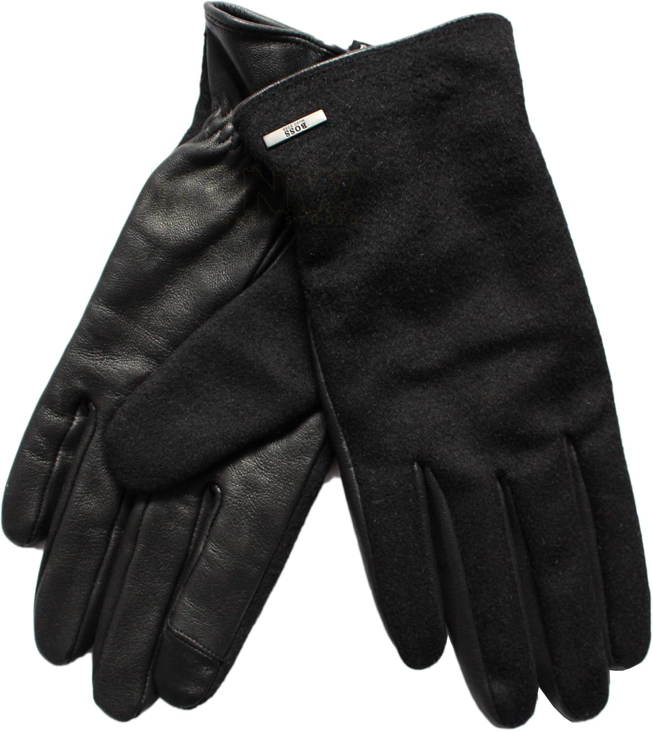 Hugo Boss Men Leather & Virgin Wool Mix TECH Gloves Black 'HEBOLDTT