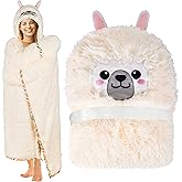 Llama Alpaca Wearable Hooded Blanket for Adults - Fluffy Super Soft Shaggy Faux Fur, Fuzzy Warm Cozy Plush Furry Fleece & Sherpa Hoodie Throw Cloak Wrap - Llama Gifts for Women Adults and Kids
