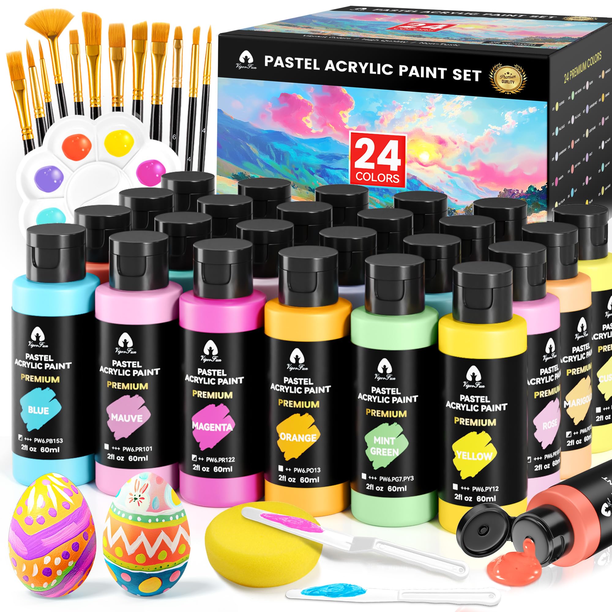 Photo 1 of 40 Pcs Pastel Acrylic Paint Set with 12 Brushes, 2 Knives & Palette, 24 Colors (2oz/60ml) - for Adults, Kids, Artists & Beginners - Canvas Ceramic Rock Wood Egg Painting Kit