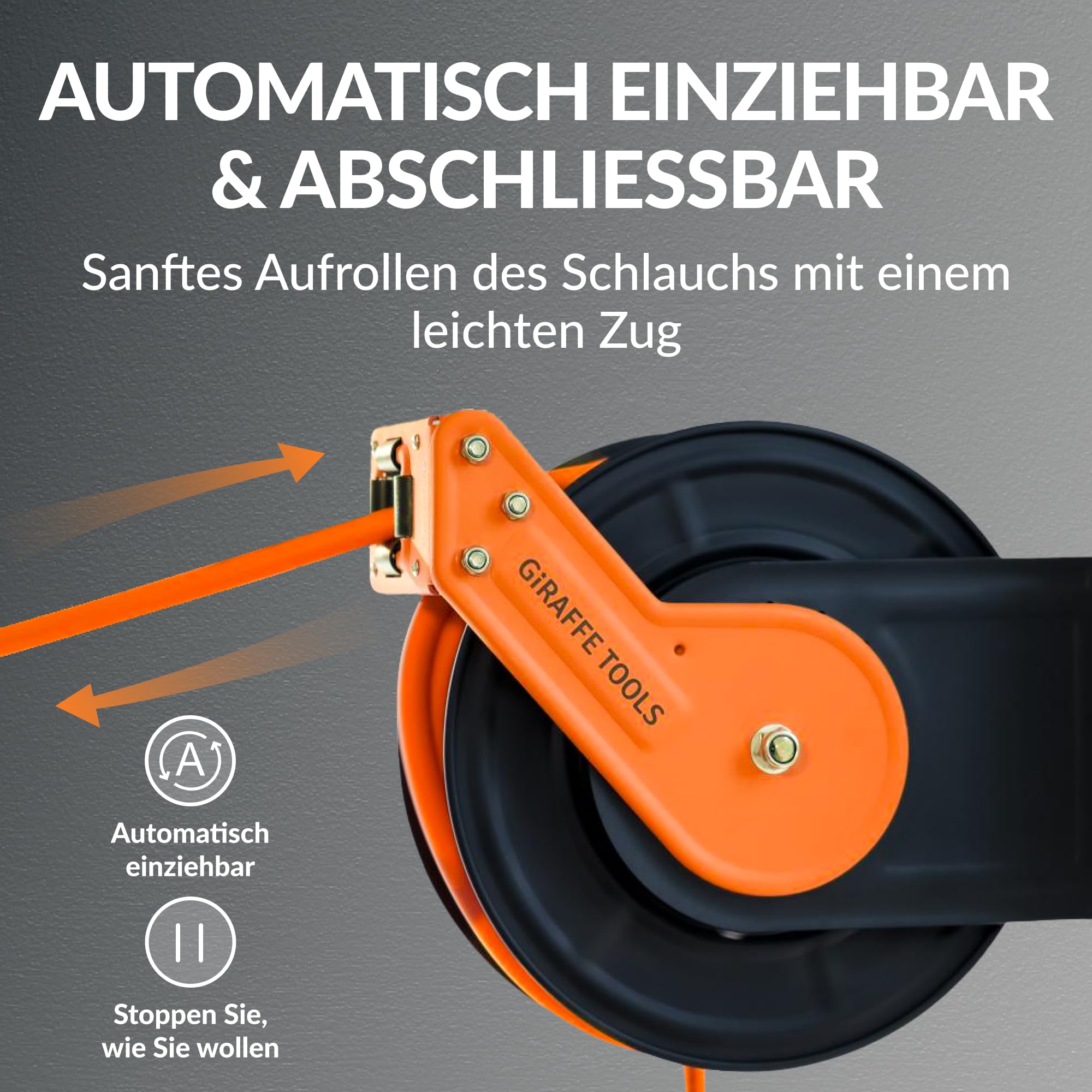 Giraffe Tools Automatik Druckluftschlauchtrommel 15M-Robuster Aufroller mit 1/4" Anschluss&3/8" Schlauch (Ø9,5mm) max 300PSI für Werkstatt und Garage-Plus Version mit 180°Schwenkbracket und Zubehörset 2