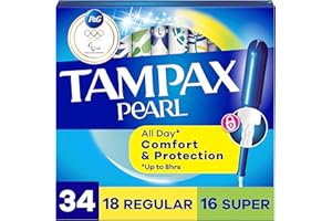 Tampax Pearl Tampons for Women Multipack, with LeakGuard Braid, Regular/Super Absorbency, Unscented, 34 Count