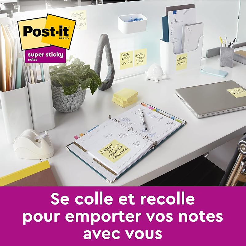 Super Sticky Canary Yellow Notes, Pack de 8 blocos + 4 gratuitos, 90 folhas por bloco, 76 mm x 76 mm, Amarelo - Post-its extra para listas de tarefas e lembretes