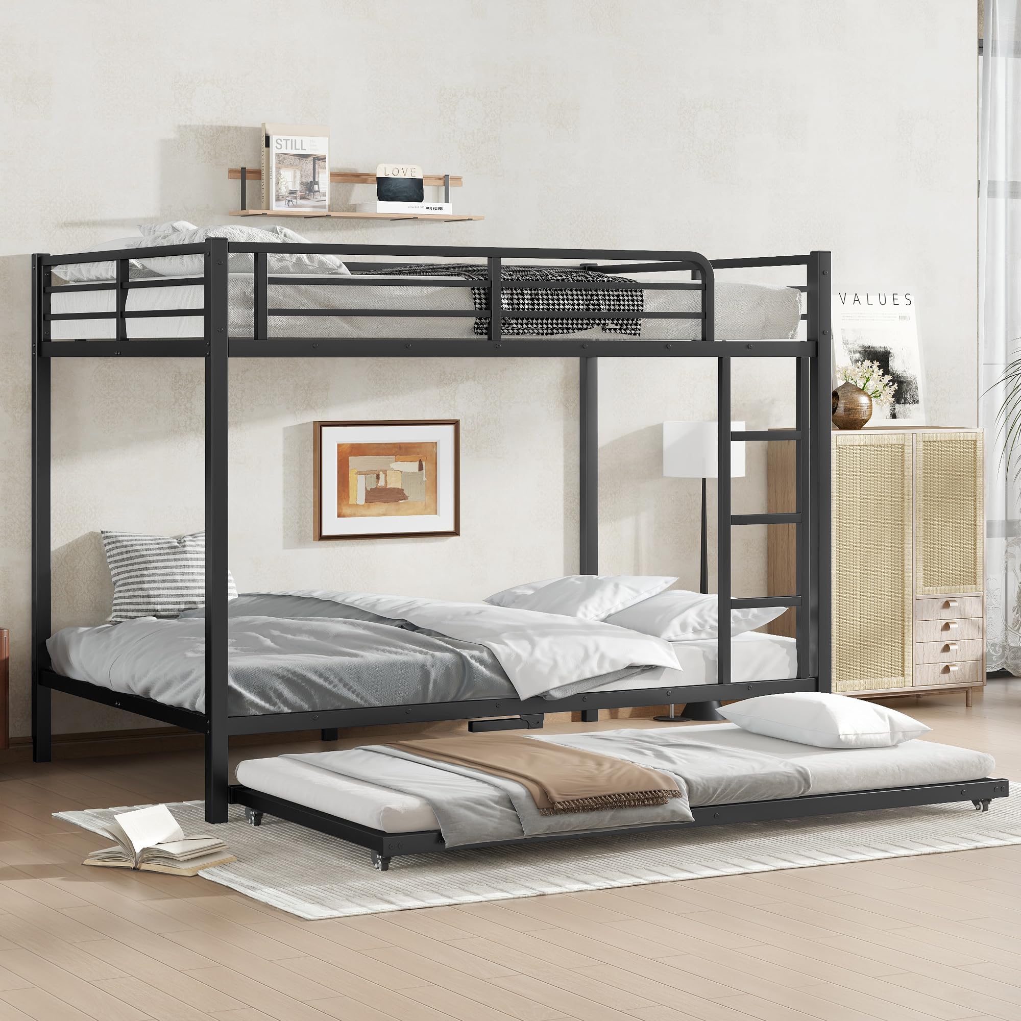 Photo 1 of **PARTIAL SET, UNKNOWN MISSING PIECES**Zyerch Full Over Full Bunk Bed with Trundle, Metal Bed Heavy Duty Solid Bunk Beds with Ladders & Guardrail for Adults, Full Over Full Size with Space-Saving, No Box Spring Needed/Noise Reduced, Black