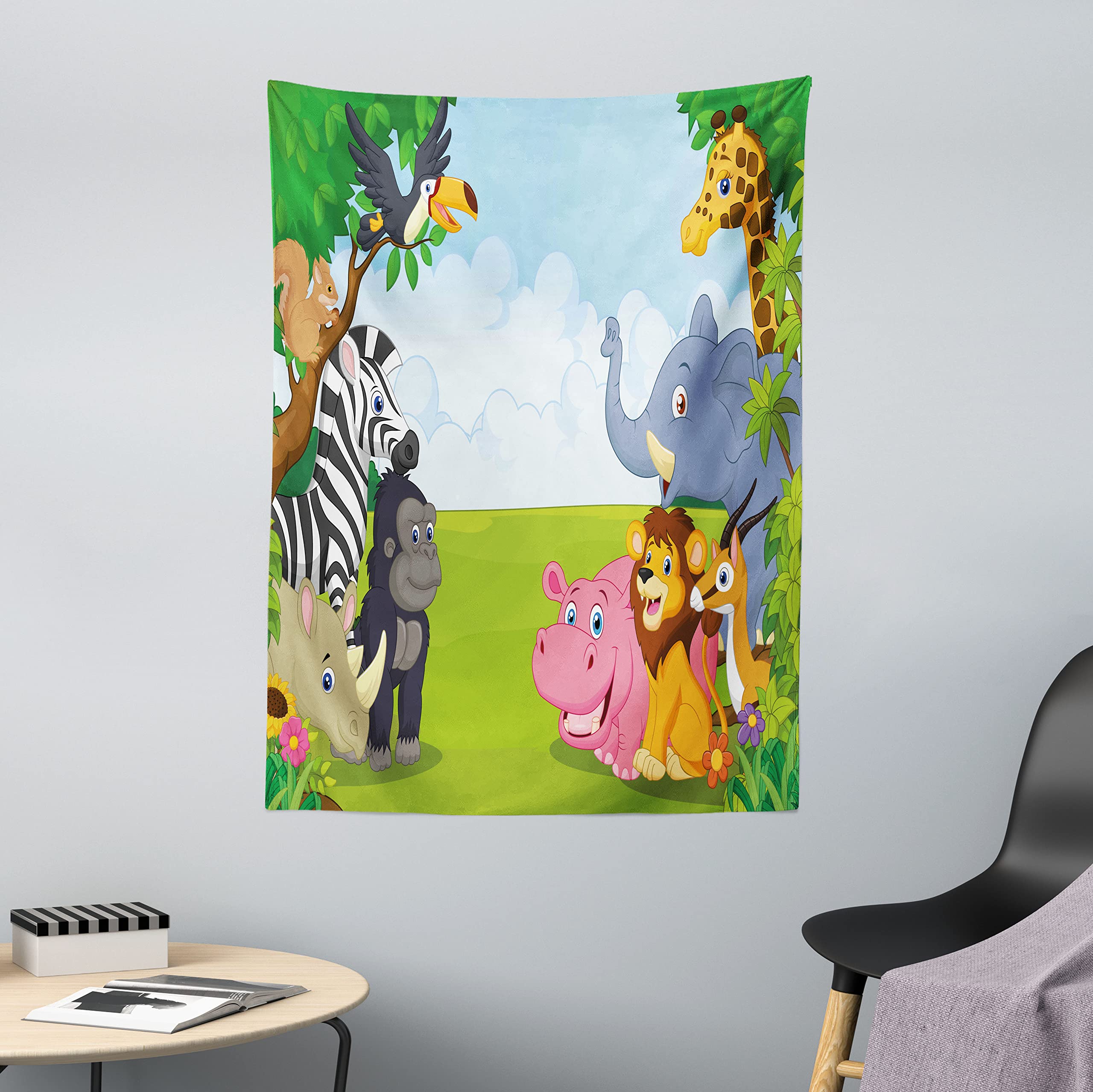 ABAKUHAUS Animal Tapestry, Kids Design Children Nursery Room Safari Themed Cartoon Animals Image Artwork Print, Fabric Wall Hanging Decor for Bedroom Living Room Dorm, 43 W X 58 L, Multicolor