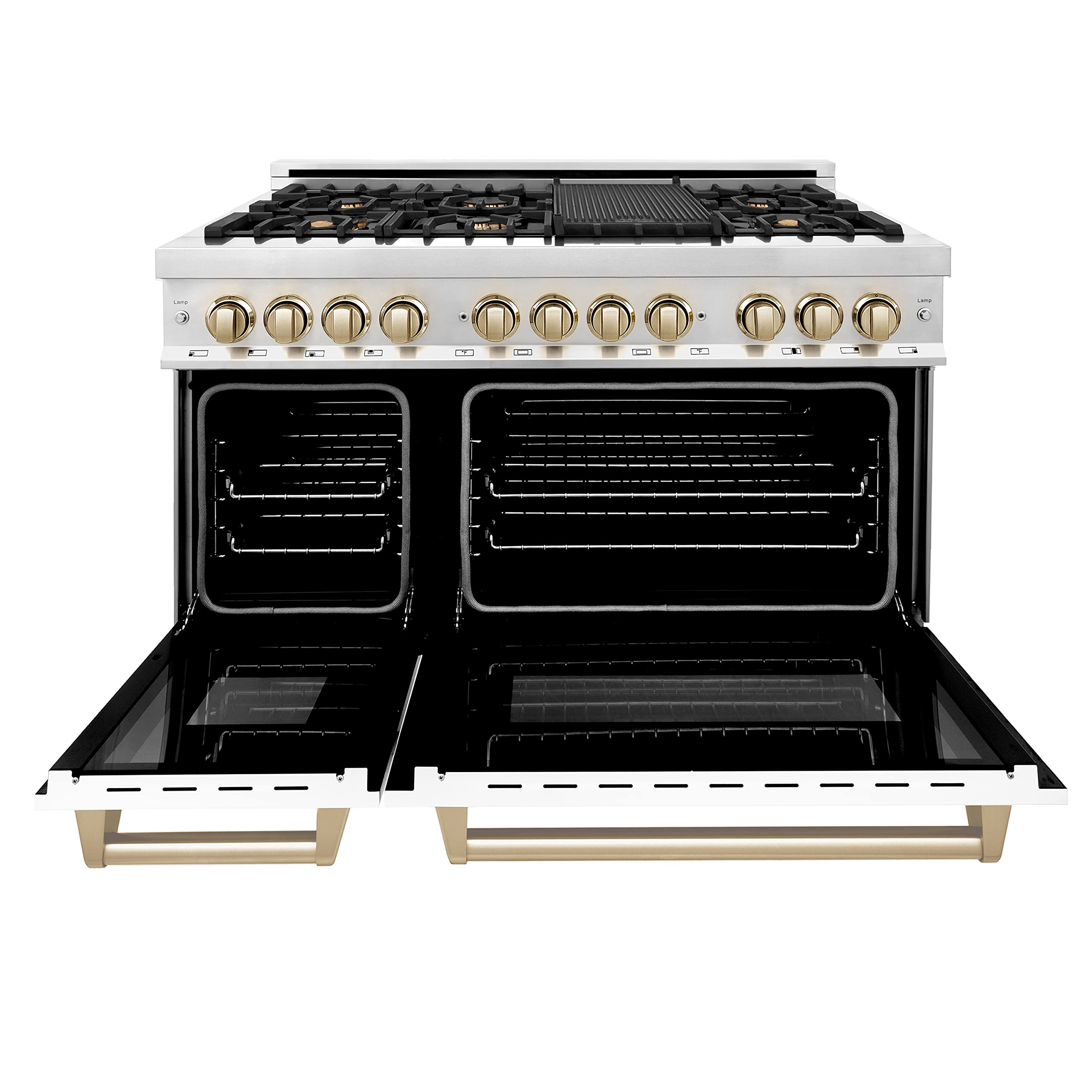 ZLINE Autograph Edition 48 in. 6.0 cu. ft. Legacy Dual Fuel Range with 7 Burner Gas Cooktop and 2 Electric Ovens in Stainless Steel with White Matte Doors and Polished Gold Accents (RAZ-WM-48-G)