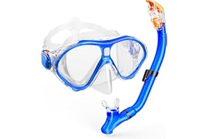 CBSRVMLP Kids Snorkel Set, Dry Top Snorkeling Gear Kids Swimming Goggles, Anti-Fog Tempered Glass Snorkel Mask with Foldable Breathing Tube, 180 Degree Full View Anti-Leak Diving Mask for Age 6-14, Unisex