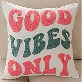 FAVDEC Good Vibes Only Decorative Throw Pillow Cover, Embroidered Pink/Teal 18 Inches x 18 Inches Cover Only