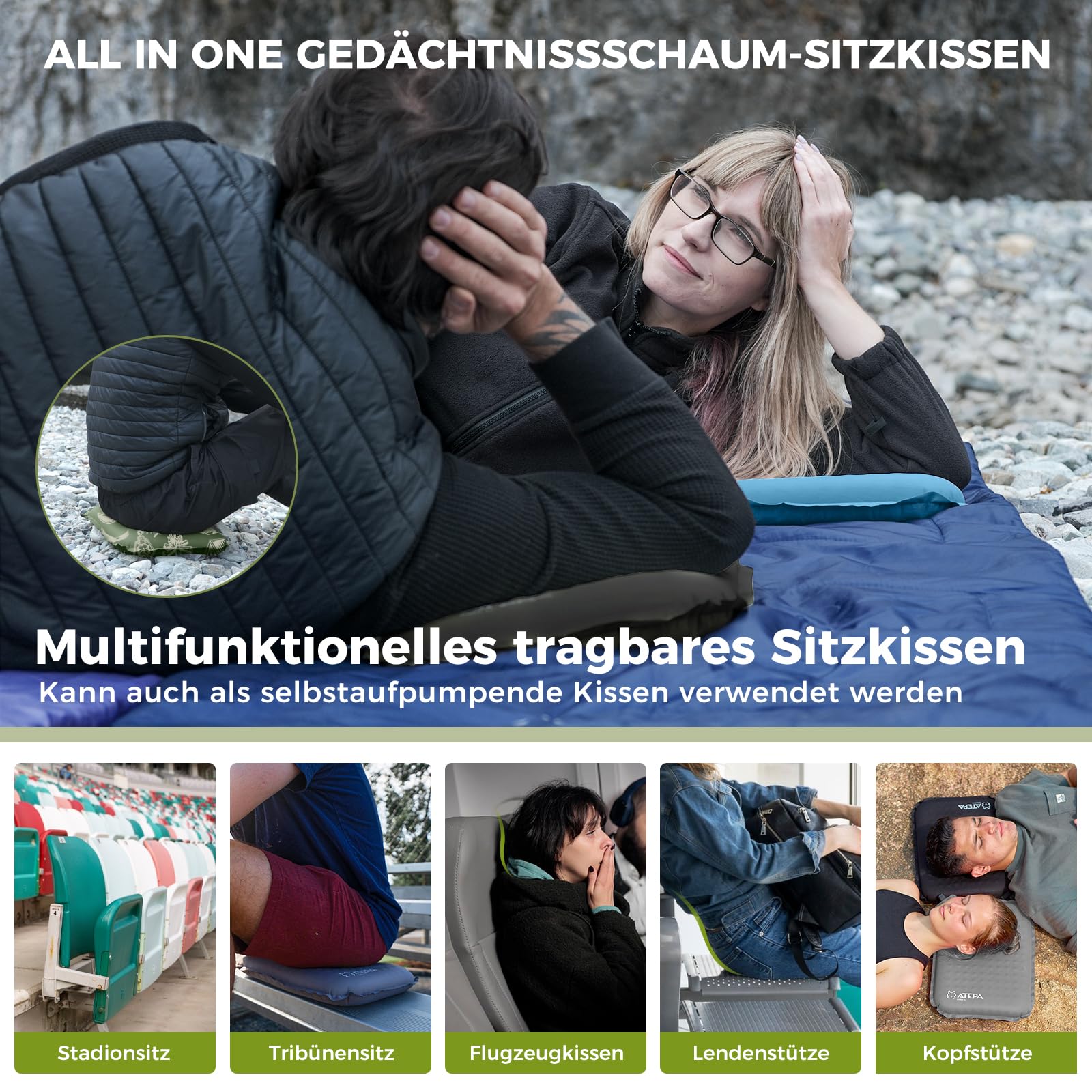 ATEPA Sitzkissen Outdoor, Faltbar Aufblasbar Stadion Flugzeug Unterwegs Camping Wander Bürostuhl Ultraleicht Foam Selbstaufblasend Sitzkissen, Grau 5