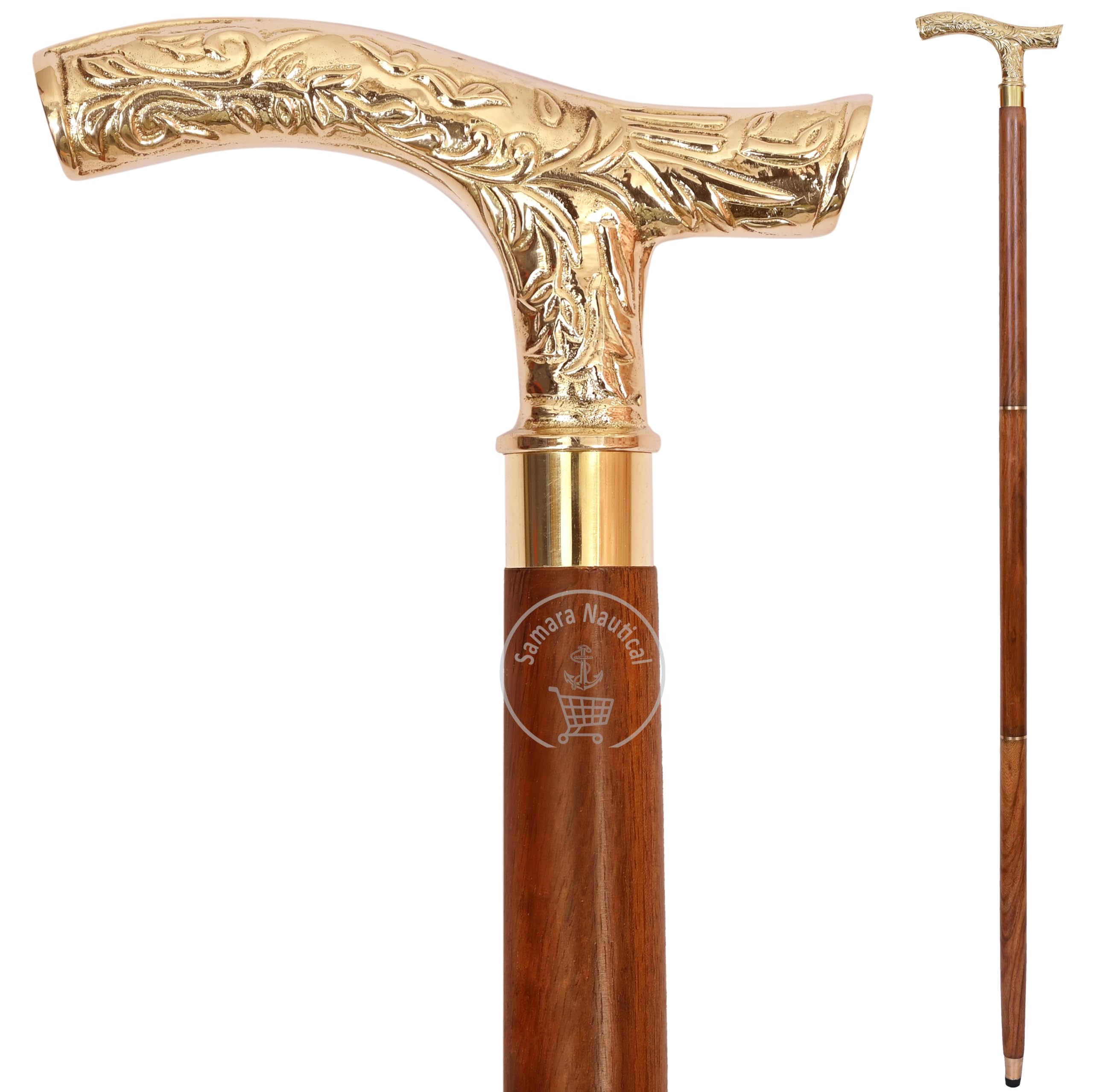 Samara Nautical Walking Stick - Men Derby Canes and Wooden Walking Stick for Men and Women - 37" Brown Ebony Brass T Shape Handle in Golden Tone Natural Wood Unisex Cane