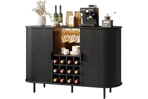 55" Wine Cabinet, Fluted Coffee Bar Cabinet with LED Light, Modern Liquor Coffee Station with Power Outlet, Wine Rack & Glass