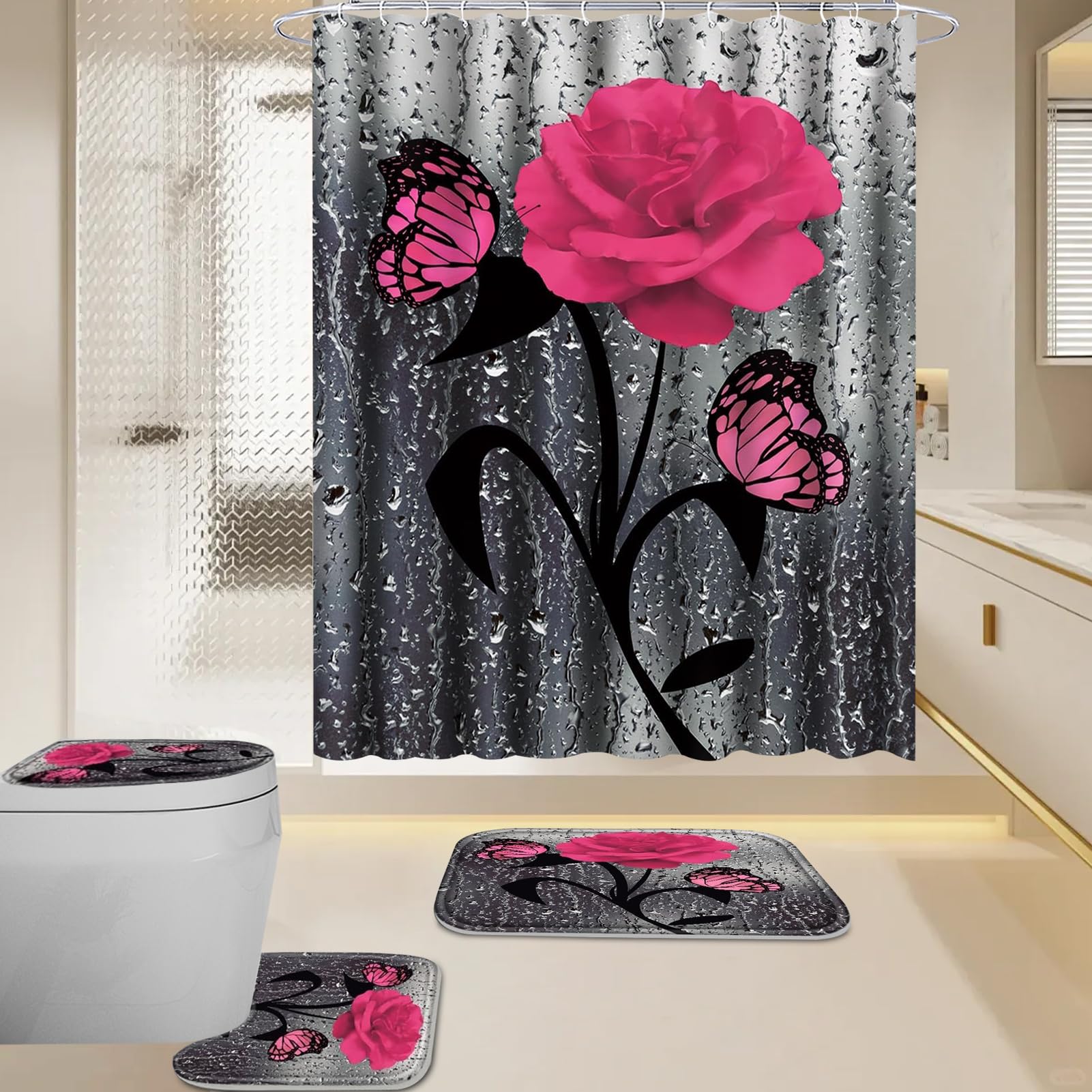 BXFUL 4 Piece Waterproof Shower Curtain Set for Bathroom-Rose-Non-Slip Bath Mat and 12 Hooks,Curtain Set with Rug,Toilet Lid Cover Bathroom Decoration (Pink)