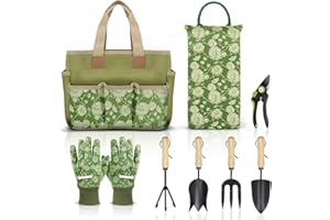 Colwelt Garden Tools Set, 8 Piece, Heavy Duty Gardening Tools with Wooden Handle, Including Garden Tote, Kneeling Pad, Gloves, Pruner, Trowel, Tulip Trowel, Cultivator - Gardening Gifts for Women Men