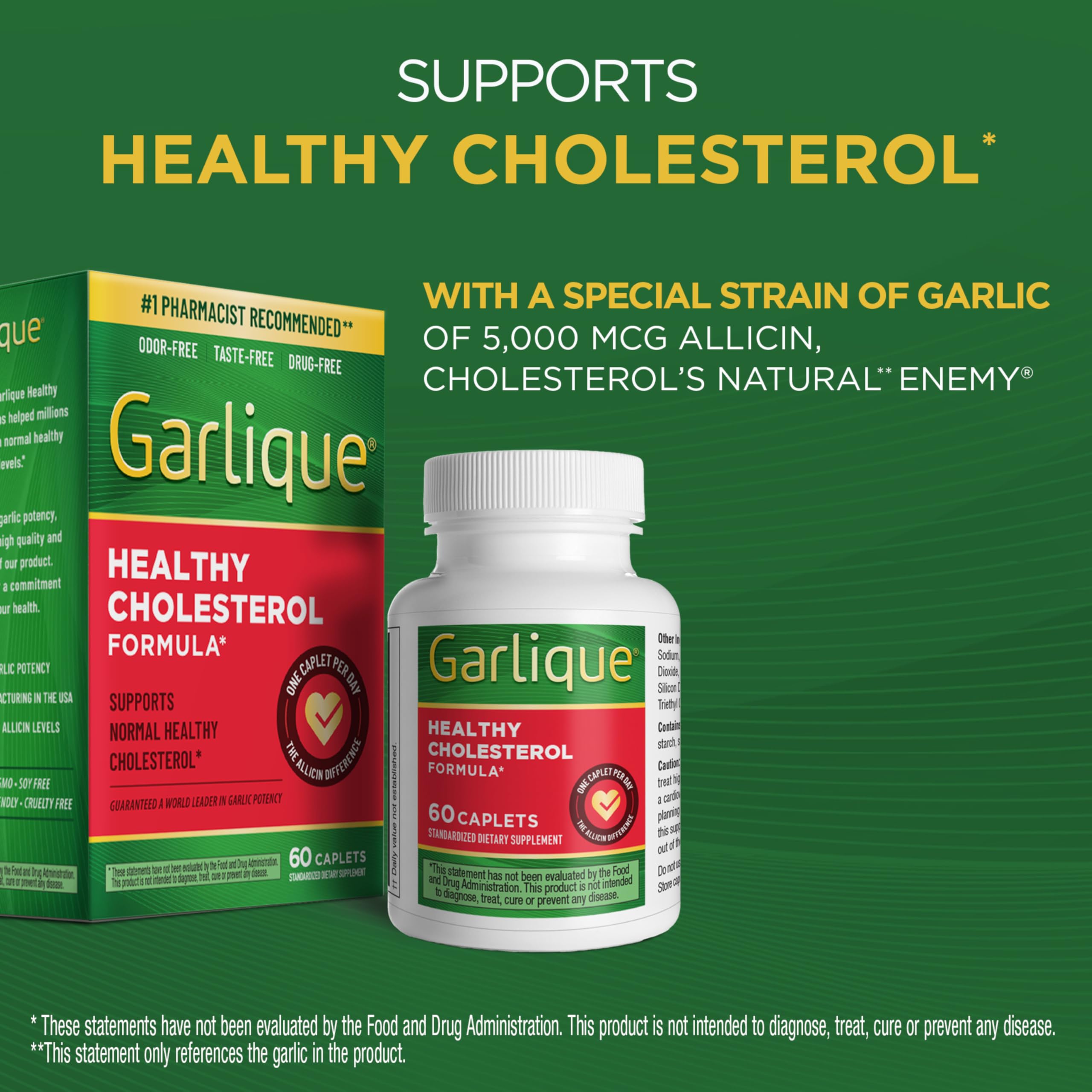 Garlique Garlic Extract Supplement, Healthy Cholesterol Formula, Odorless & Vegan, 60 Caplets