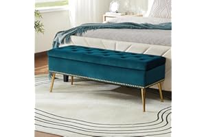 HULALA HOME Modern Velvet Storage Ottoman Bench with Gold Base & Nailhead Trim, Upholstered Bedroom Bench for End of Bed, Button-Tufted Footstool for Entryway Living Room Dining Room, Teal
