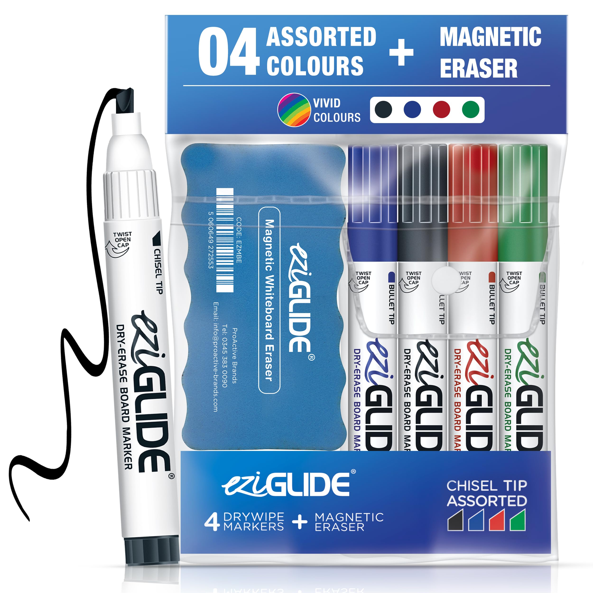 Eziglide 4-Pack Chisel Tip Whiteboard Markers with Magnetic Eraser - Dry Wipe Pens for Whiteboard, Flip Chart, School, Classroom - 4 Assorted Colours (Black, Red, Blue & Green)
