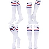 Syhood 4 Pairs Halloween Triple Stripes Knee Striped Socks Calf Socks 80s Retro Red Blue Halloween Stripe Socks for Men Women