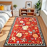 Terrug Floral Washable Area Rug for Bedroom, 3x5 Red Christmas Rug Boho Ultra-Thin Rugs for Entryway, Soft Non Slip Carpet Vintage Rug for Living Room, Kitchen, College Dorm, Dining Room, Nursery