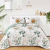 Anibedding Floral Quilt Set Queen,3 Pieces Reversible Elegant Green Leaves Pattern Bedspread Coverlet Soft Microfiber Bed Cover for All Season(96"x90")