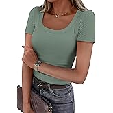 PRETTYGARDEN Scoop Neck Tops for Women 2026 Summer Basic Tees Trendy Short Sleeve Shirts Spring Casual Fitted Ribbed Tops