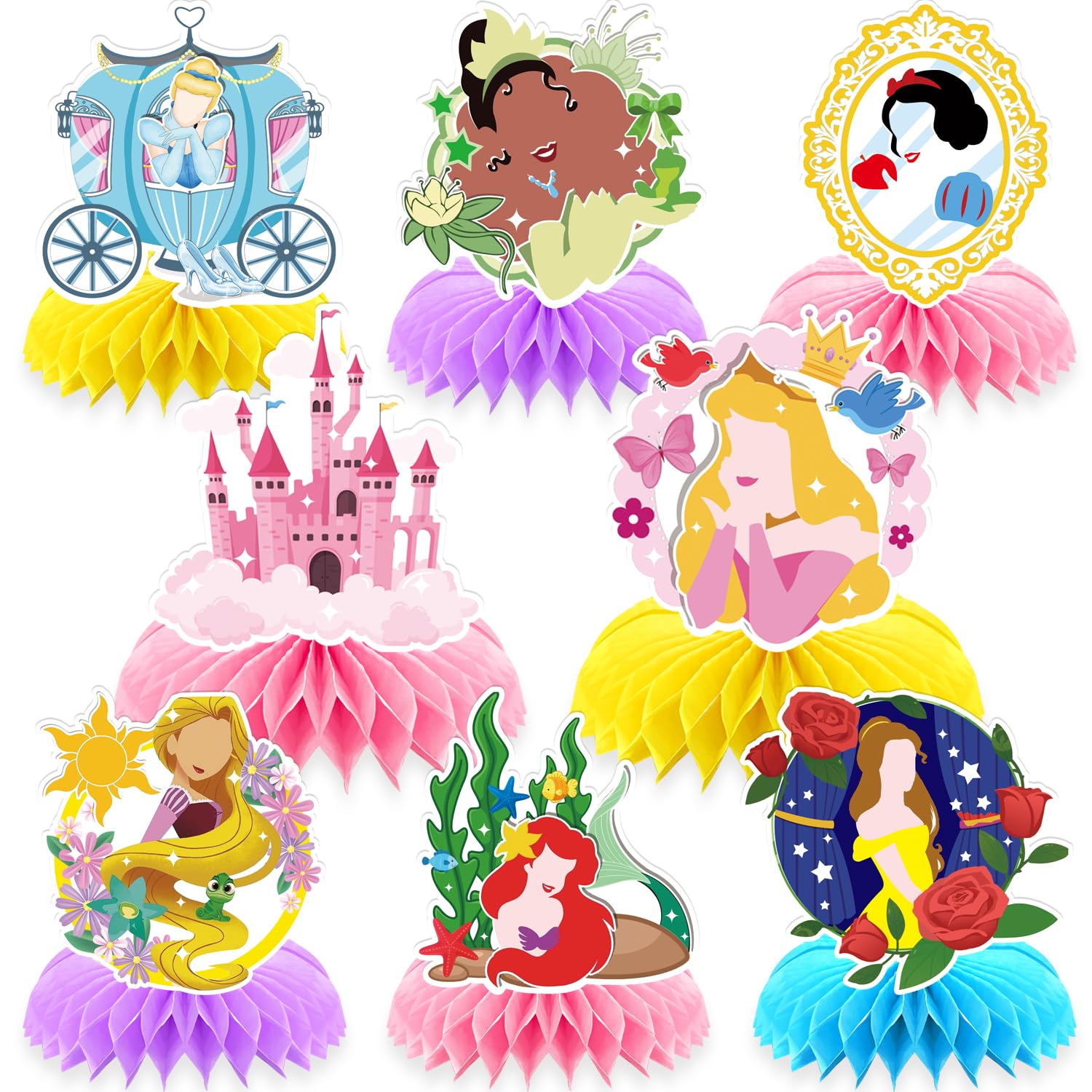 Photo 1 of 8Pcs Girl Princess Birthday Party Supplies, Princess Girl Honeycomb Centerpieces Seven Girls Theme 3D Table Decorations