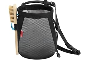 MoKo Climbing Chalk Bag with Chalk Brush, Waterproof Nylon Bouldering Chalk Bag Bucket with 2 Large Zippered Storage Pockets Drawstring Closure Adjustable Belt Chalk Bag for Climbing Gymnastics