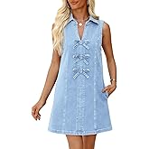 POTILI Denim Dress for Women Sleeveless Jean Dress V Neck A Line Bow Tie Front Casual Mini Dresses with Pockets