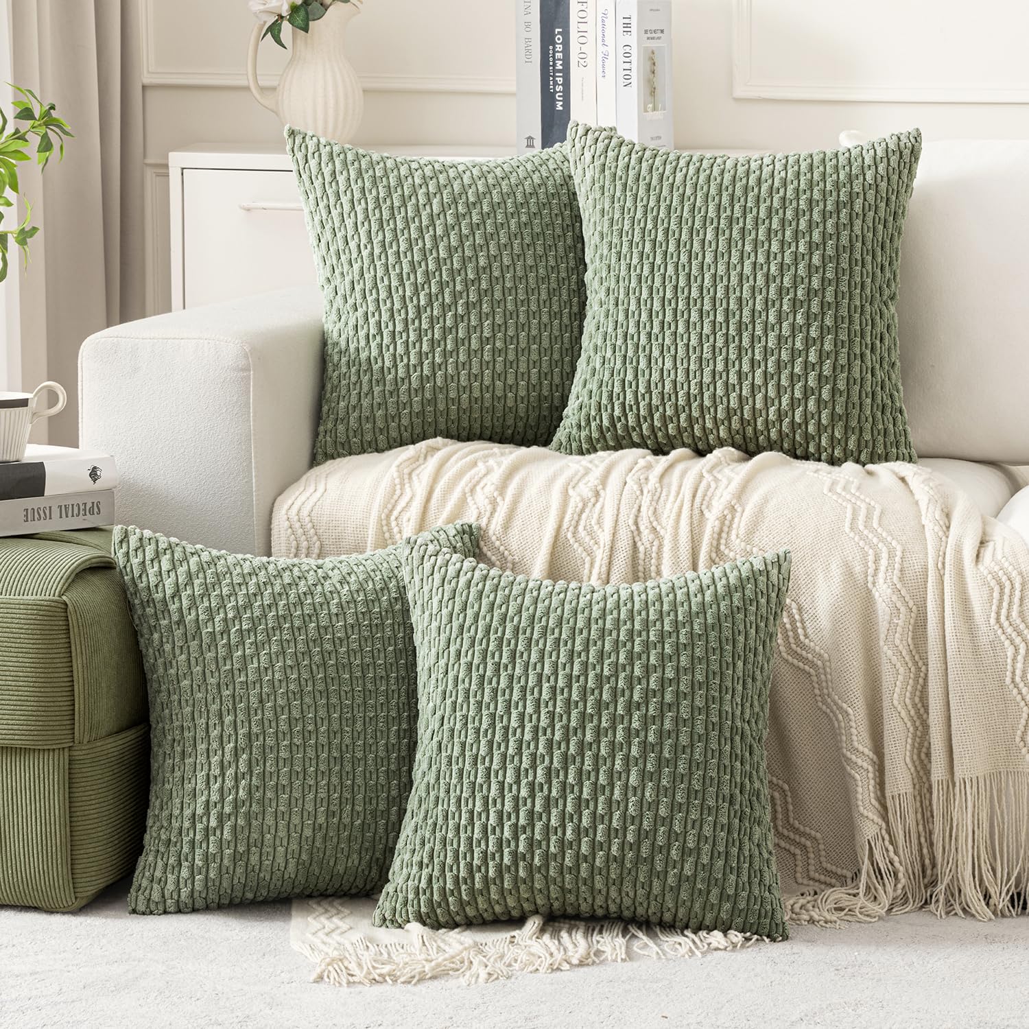 Photo 1 of MIULEE Throw Pillow Covers Soft Couch Decorative Set of 4 Boho Striped Cushion Covers Corduroy Pillowcases Farmhouse Home Decor for Couch Bed Sofa Living Room 20x20 Inch Sage Green