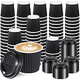 Xosjska 100 Set 4oz Disposable Espresso Cups with Lids Ripple Wall Hot Cups For Coffee Disposable Coffee Cups-Cups, Ripple Corrugated Paper for Office, Cafe, Home or Travel (Black)