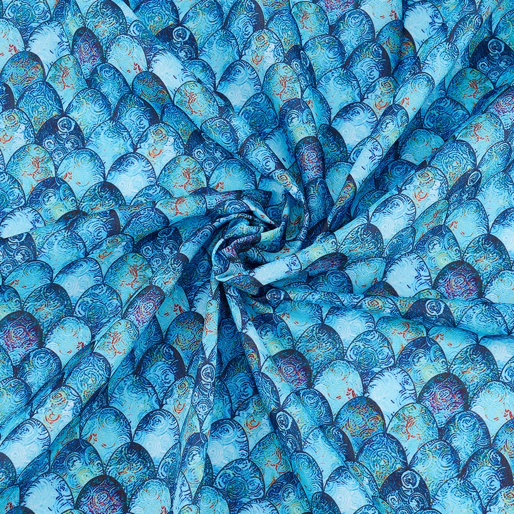 FINGERINSPIRE Mermaid Scales Fabric Cotton Fabric 100x145cm Deep Sea Blue Polyester Fabric Mermaid Printed Fishscale Pattern Fabric Cloth for T-shirt, Dress Sewing, DIY Craft, Tablecloth