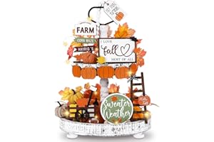 FairySandy 19 PCS Farmhouse Fall Tiered Tray Decor Fall Home Decor Set Fall Wood Tray Decor Autumn Pumpkin Tiered Tray Decorative Fall Tray Sign for Tabletop Kitchen Office Decorations