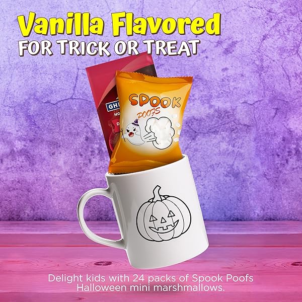 4E’S NOVELTY 24 PACK HALLOWEEN MINI MARSHMALLOWS – SPOOK POOF – INDVIDUALLY WRAPPED VANILLA FLAVOR – HALLOWEENS CANDY FOR KIDS IN BULK, SNACKS FOR TRICK OR TREAT, 17 MARSHMALLOWS IN EACH BAG