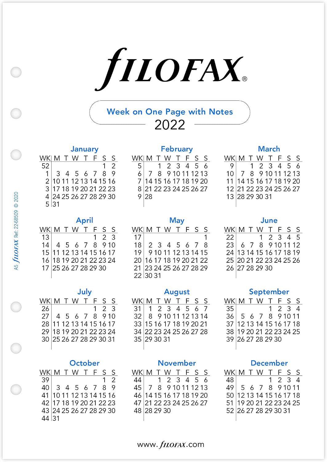 Filofax A5 week on one page with notes 2022 diary refill - Image 4