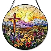Hxlac Cross Flower Suncatcher Stained Glass Window Hanging, Christian Wildflower Sunset Landscape Sun Catchers Indoor Window Glass Round Wall Decor, Religious Wall Art Hanging Decorations, ＂7.8x7.8＂