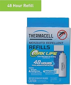 Thermacell Max Life Mosquito Repellent Refills, 48-Hour Pack; Mat Lasts 3x Longer than Originals; Contains 4 Scent-Free, 12-Hour Repellent Mats and 4 Fuel Cartridges; DEET-free, No Spray, No Mess