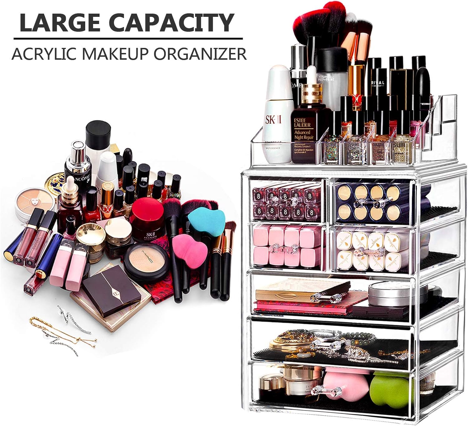 HBlife Makeup Organizer with Bigger Drawers 2 Pieces Acrylic Jewelry and Cosmetic Storage Display Box, Fit for Most Makeup Palettes: Home Improvement