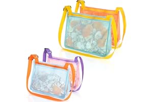 JOTO Beach Mesh Bag Shell Bags, 2 Large & 2 Standard Kids Sand Toy Seashell Collecting Bag for Picking up Shells, Adjustable Sea Shell Holding Totes for Boys Girls -Blue, Pink, Aqua, Orange, 4 Pack