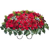 Christmas Headstone Flower Saddle, Poinsettia Cemetery Flowers for Grave | Fits most headstones, Windproof, Weather-Resistant & Durable, Tool-free, Outdoor Grave Decorations for Tombstone, Gravestone