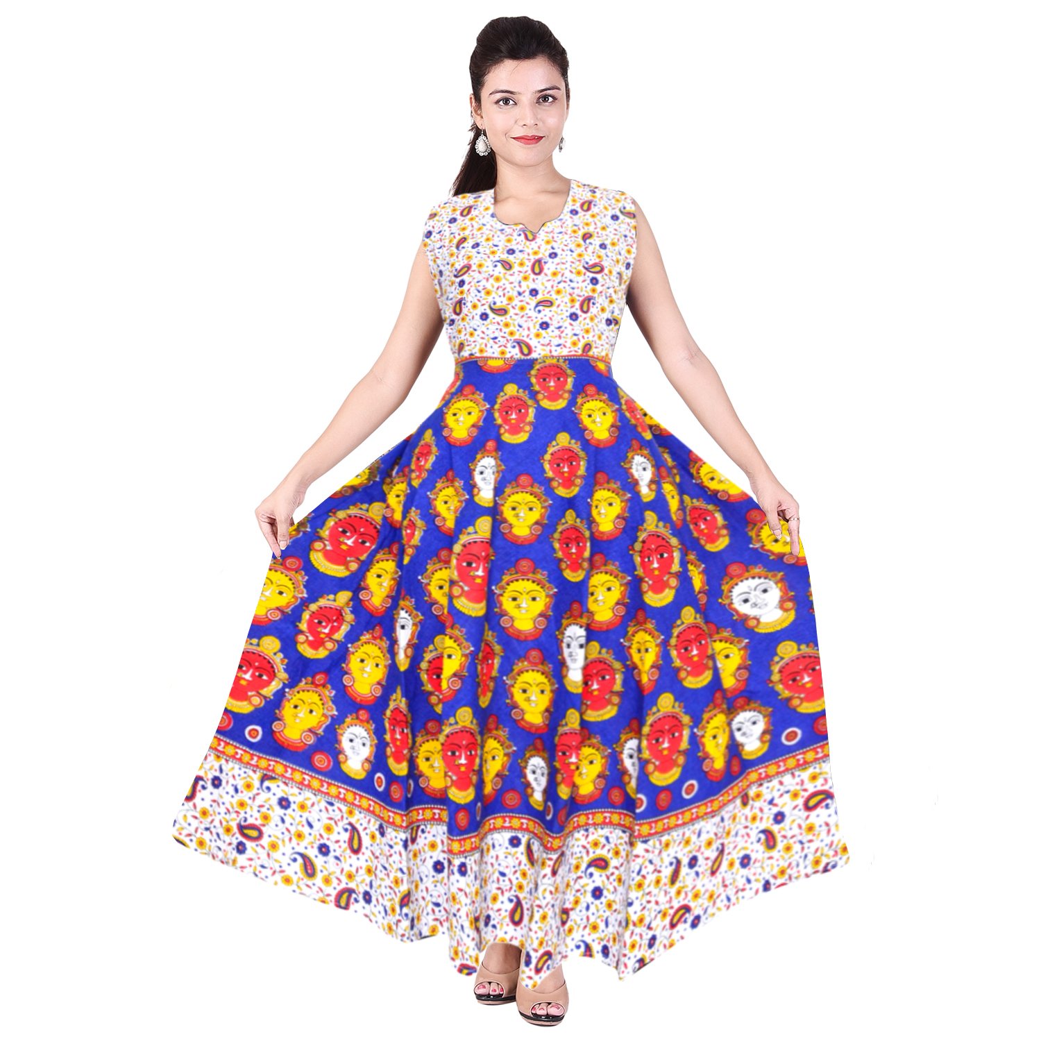 jwf women's cotton knee-high sleeveless midi dress (free size, multi-colour)