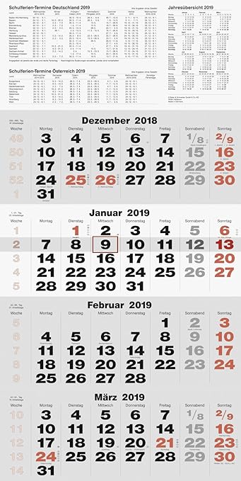rido/idé 7033420 Wandkalender/Vier-Monats-Kalender quattroplan 2, 1 Blatt = 4 Monate, 330 x 635 mm, Kalendarium 2019