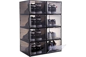 ZLLZUU Upgrade 8 Pack X-Large Shoe Storage Boxes with Clear Magnetic Doors Stackable Shoe Organizer with Solid Plastic Drop Front Shoe box for Sneaker Display, Fit up to US Size 12 (Black)