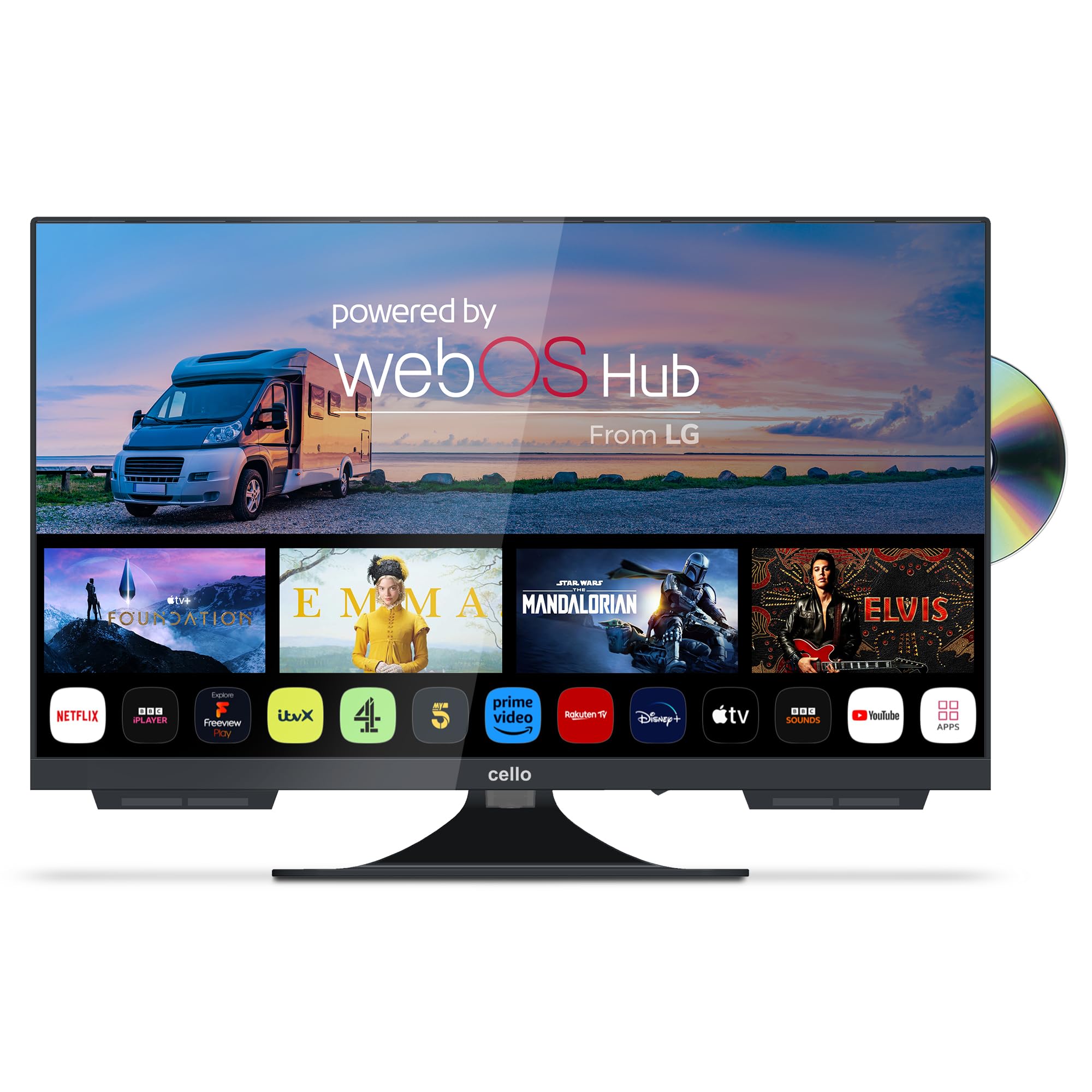 Cello C2224Wsf Trav 22" Full Hd Smart/Dvd Camping Voyage TV Lecteur Dvd Intégré Sans Cadre Triple Tuner Bluetooth Webos Par LG Pitch Perfect Haut-Parleur Camping-Car Camion Fabriqué En Europe [2024]