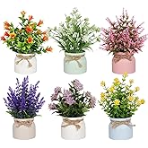 Yoratee 6pcs Artificial Pot Flowers Small Fake Plants Mini Potted Plants for House Office Tabletop Decoration