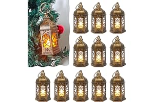 Reperla Mini Lantern Decorative, 12Pcs Small Lanterns with LED Candle, Ramadan Decorations, Hanging Vintage Moroccan Lantern Bulk for Easter Wedding Xmas Party Table Centerpiece, Brushed Brass