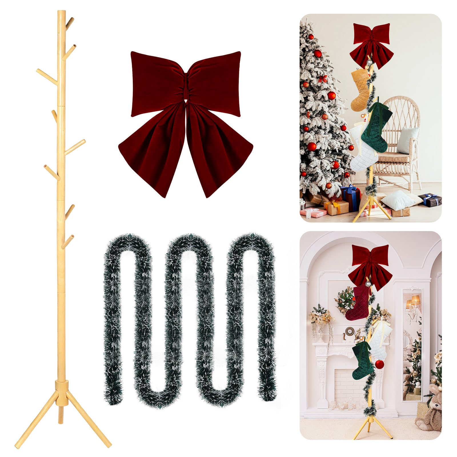 Photo 1 of 68 Inch 8 Hooks Christmas Stocking Holder Stand Wooden Christmas Hangers Stand, Freestanding Wooden Stocking Holder Rack with Artificial Wreath and Red Bow for Floor Natural Xmas Holiday Home