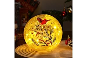 Yinhua Lighted Christmas Decorations Indoor, 5.9" Cardinal Bird Crackle Glass Balls, Light Up Christmas Globe Light with Timer, Xmas Centerpieces for Tables Mantel Fireplace Living Room Gift