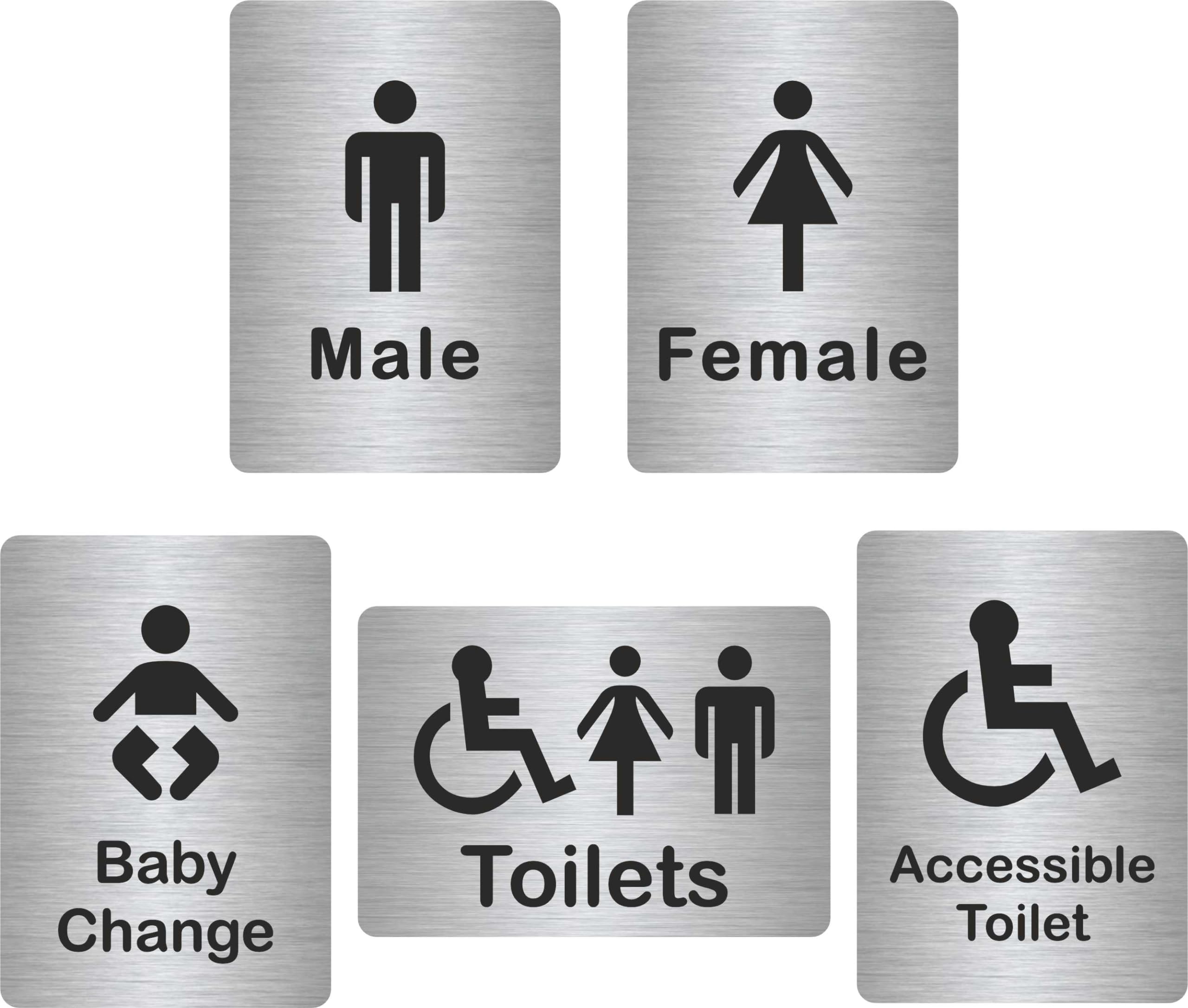 Customcard Ltd Set of 5 Aluminium Signs: Toilets, Male, Female, Accessible, Baby Chang sign–high quality, brushed silver finish with tape on the back — image 1