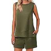 PINSPARK Two Piece Sets for Women Summer Sleeveless Lounge Set Crewneck Tops Sweatsuit Drawstring Shorts Tracksuit Outfits